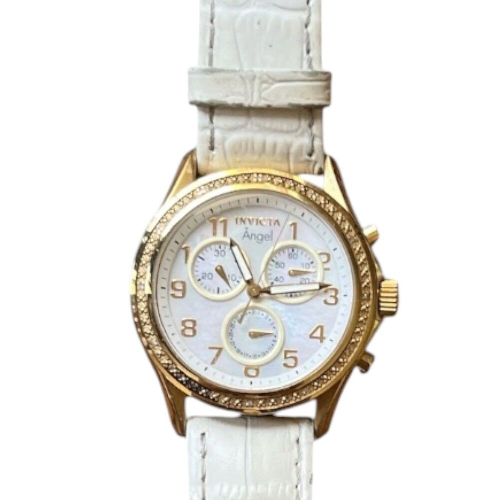 Invicta Angel 12 Diamond Accent Watch Leather Mother-of-Pearl 0581 Needs Batt 8"